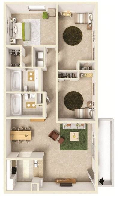Floor plan for 3 beds, 3 baths, 1080 sqft